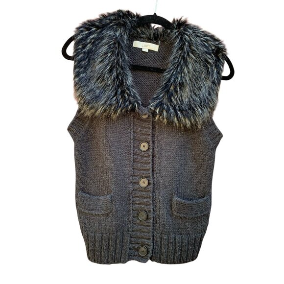 Ann Taylor LOFT Gray Wool Button-up Sweater Vest w/ Faux Fur Collar Women Size M - Picture 1 of 10